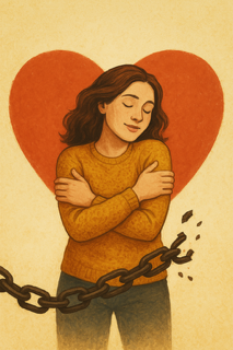 Illustration symbolique de la libération de l'emprise - Femme brisant ses chaînes